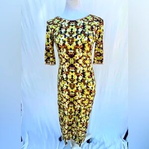 Anthropologie Yellow and Brown Rose Sheath Dress with Bateau Neckline